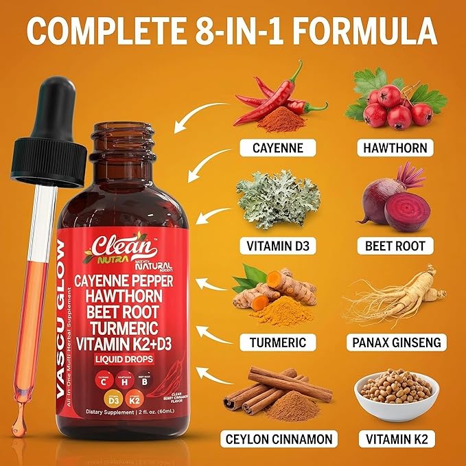 Clean Nutra Cayenne Pepper Drops Supplement Liquid + Hawthorn Berry Vitamin D3 K2 Beet Root Powder Ceylon Cinnamon Turmeric Curcumin Organic Panax Ginseng Berberine Extract 1 Pack