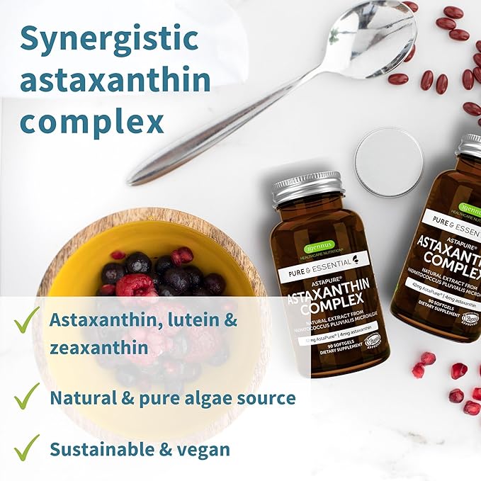 Pure &amp Essential Vegan Collagen Peptide Protein Powder + Astaxanthin Complex Vegan Bundle Complete Collagen Boosting Formula + Natural Astapure Providing 4 mg H. Pluvialis Astaxanthin for Hair S
