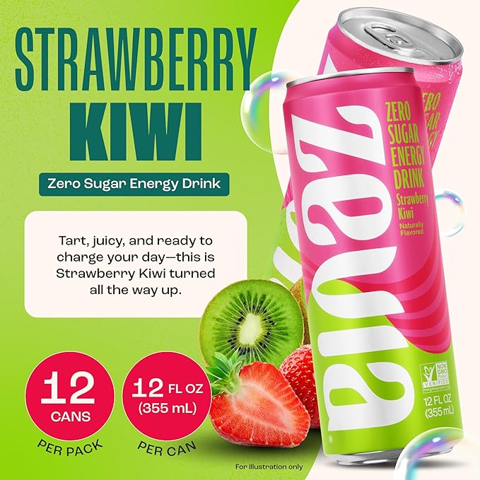 Zevia Zero Sugar Energy Drink Strawberry Kiwi 12 oz Cans (12-Pack) – Naturally Sweetened Zero Calorie Sugar Free Energy - Non-GMO Project Verified Gluten-Free Vegan