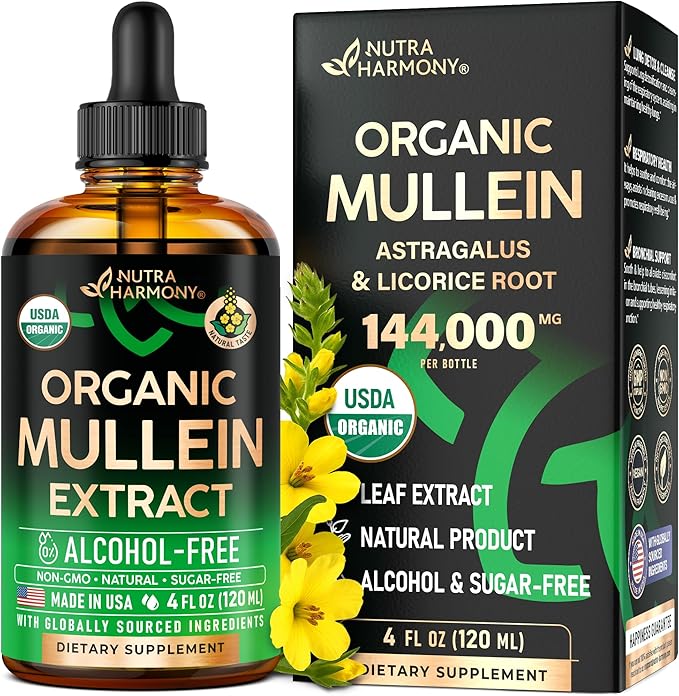 Mullein Drops for Lungs - USDA Organic Liquid - Mullein Leaf Extract Supplement - Made in USA - Lung &amp Bronchial Cleanse for Smokers - Respiratory Health Support - As Tincture Tea Pills - 4 fl o