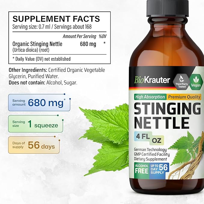 BIO KRAUTER® Stinging Nettle for Seasonal Support - Stinging Nettle Root Tincture (Urtica Dioica) 680 mg for Urinary Tract Support &amp Daily Wellness - 4 Fl.Oz. 56 Days of Supply Sugar &amp Alcoh