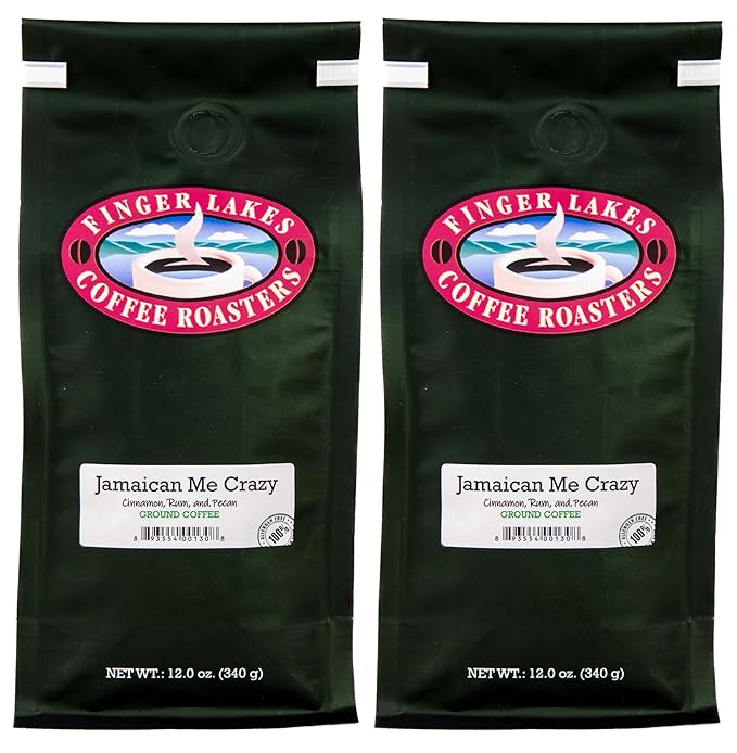 Finger Lakes Coffee Roasters Flavored Ground Coffee – (12 oz Bags) – Medium Dark or Light Roast – Small-Batch Artisan Blends Since 1996 – Freshly Roasted Gourmet Coffee (2 Bags Jamaican Me Crazy)