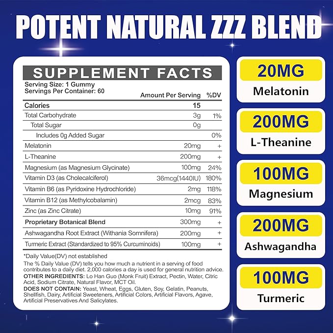 Melatonin 20mg Gummies for Adults - Sugar Free Melatonin Gummies Extra Strength with L-Theanine Magnesium Ashwagandha Turmeric D3 &amp Zinc - Non-Habit Forming