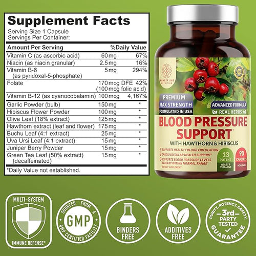 2-Pack N1N Premium Blood Pressure Support with Hawthorn and Hibiscus [13 Potent Ingredients] Natural Supplement to Support Blood Flow Health 180 Caps