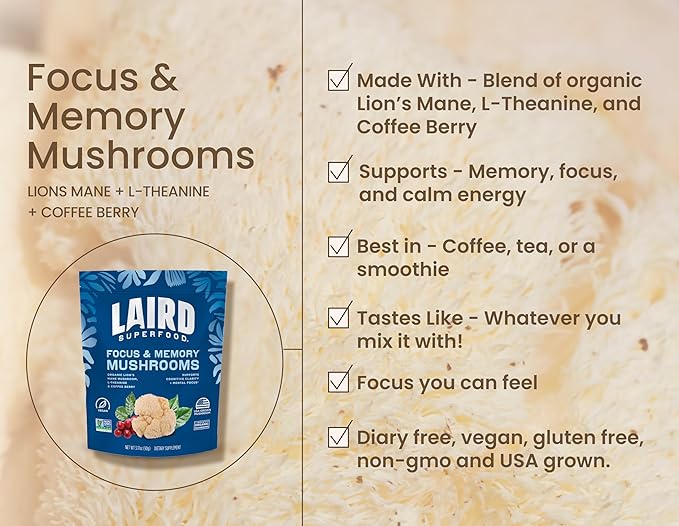 Laird Superfood Organic Focus and Memory Mushroom Blend with Lion’s Mane L-Theanine and Coffee Berry 3.17 oz. Bag Pack of 1