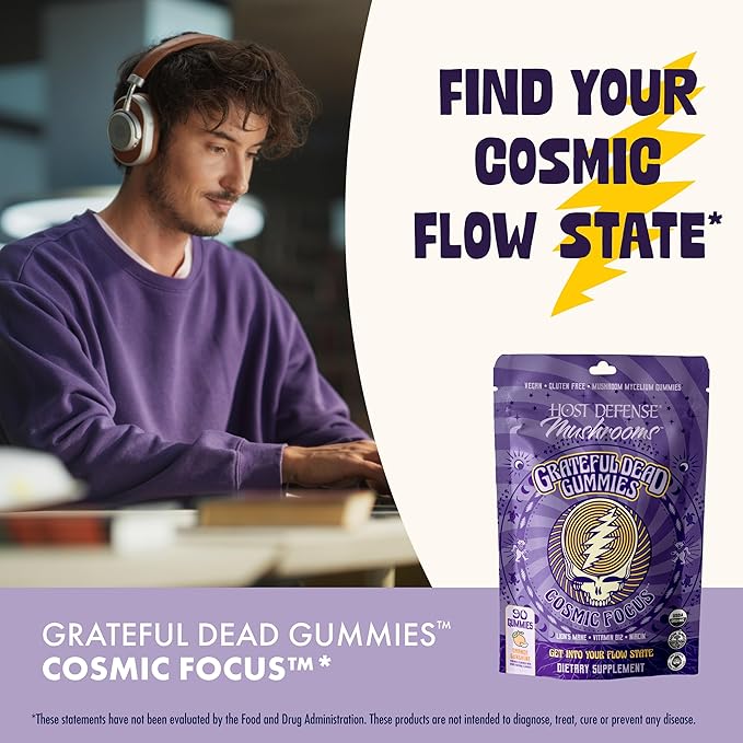 Host Defense Cosmic Focus Grateful Dead Gummies - Mushroom Gummies with Lion’s Mane B12 &amp Niacin - Supports Focus Memory Brain Function &amp Mental Energy (30 Servings)
