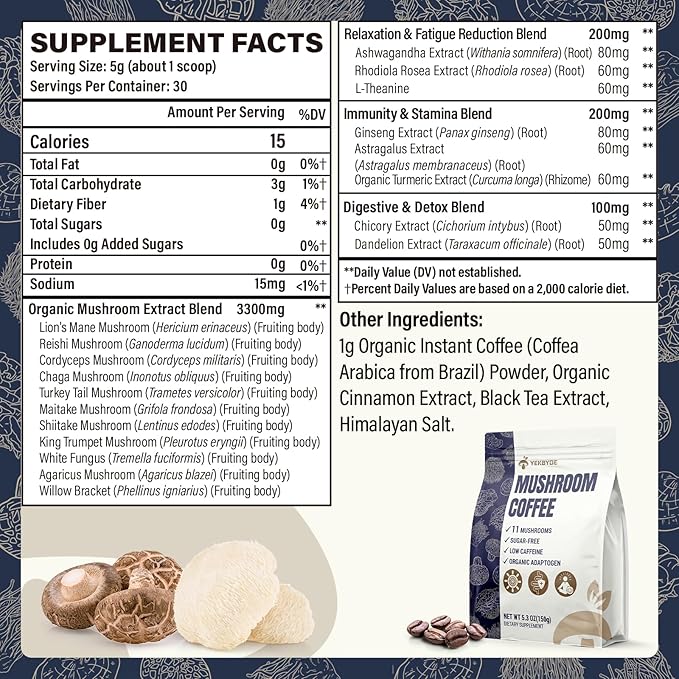 Mushroom Coffee 11 Superfood Mushrooms includes Lion's Mane Reishi Chaga &amp Ashwagandha Instant Mushroom Coffee Organic for Energy Memory Digestion &amp Detox Low Caffeine &amp Sugar Free