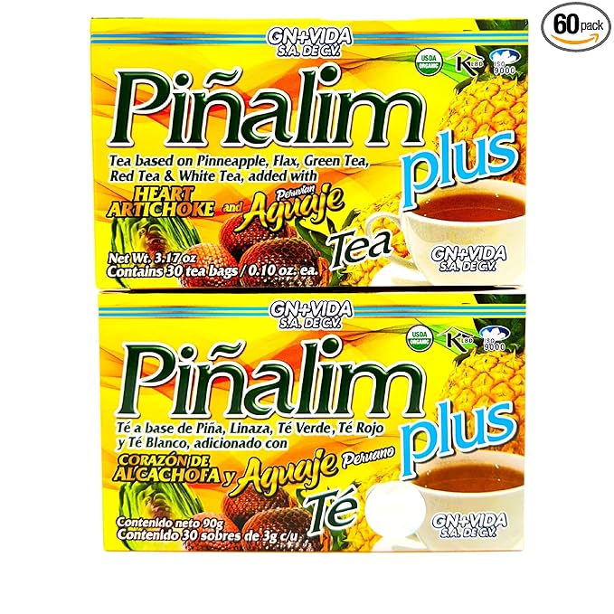Pinalim Plus Tea Enhanced with Aguaje Peruano and Artichoke Heart la formula Original de Pinalim Mas Aguaje y Corazon de Alcachofa Mas Fuerte Healthy Antioxidant Formula Caffeine Free All Natural Cle