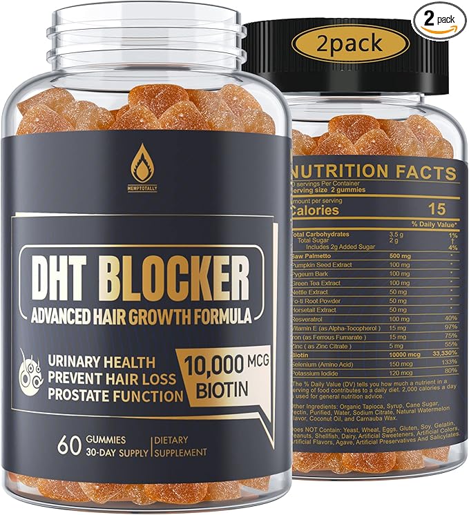 DHT Blocker Gummies Hair Growth Supplement Super Potency Saw Palmetto &amp Biotin 10000 mcg for Women &amp Men Plus 12 Proprietary Blend - Prevent Hair Loss Blocking DHT Receptors 2Pc/120ct