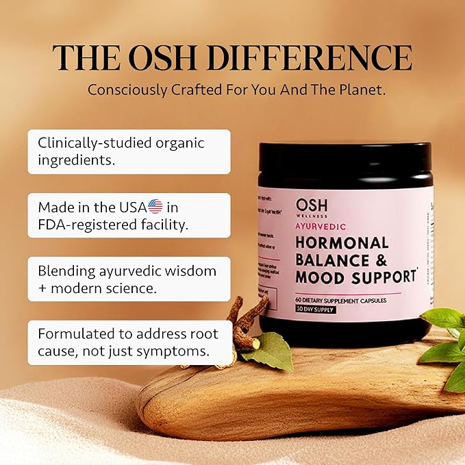 Ayurvedic Hormone Balance for Women | Cortisol Reducer | Mood Energy &amp Sleep Support | Regulates Estrogen | Stress Relief | Ashwagandha Rhodiola &amp Shatavari | Made in USA | 60 Ct. - OSH We