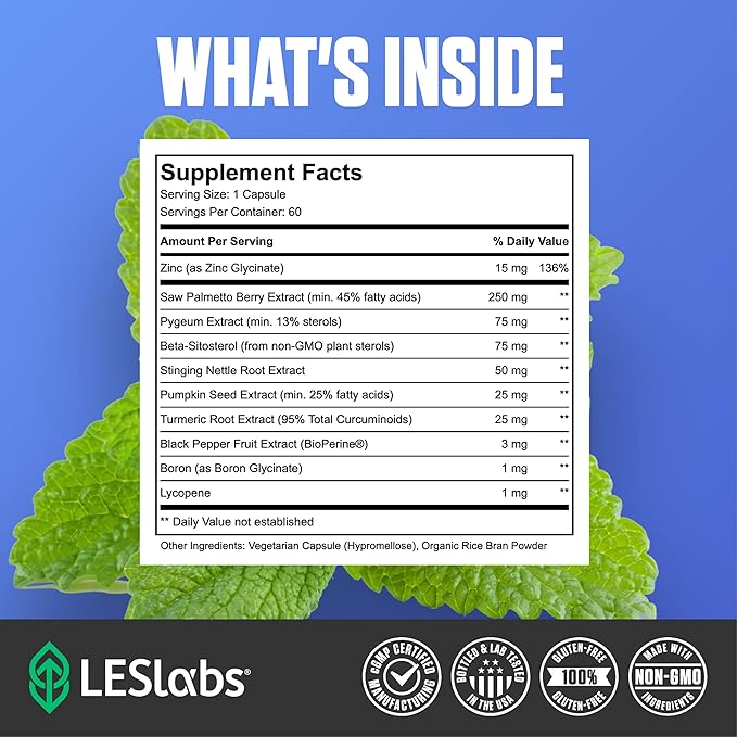 LES Labs Prostate Health – Prostate Support Urinary Tract Health Fewer Bathroom Visits &amp Improved Sleep – Saw Palmetto Pygeum Beta Sitosterol &amp Nettle Root – Non-GMO Supplement – 60 Capsul