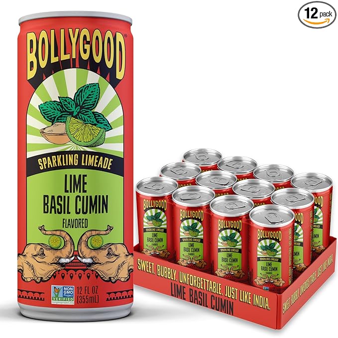 Bollygood Sparkling Limeade Lime Basil Cumin Indian Inspired Beverage Nimbu Pani No Artifical Colors or Flavors Non-GMO Project Verified 12 FL OZ Cans (Pack of 12)