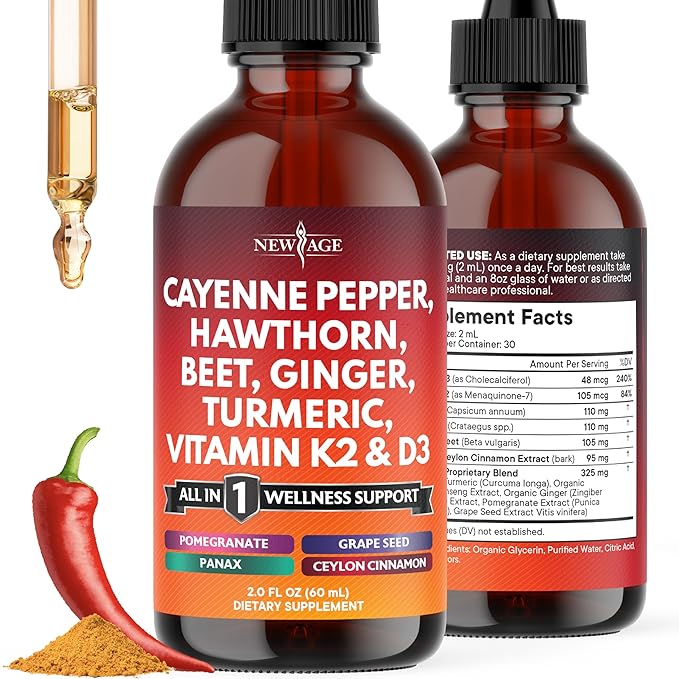 Cayenne Pepper Supplement Liquid Drops + Hawthorn Berry Vitamin D3 K2 Beet Root Powder Ceylon Cinnamon Turmeric Curcumin Organic Panax Ginseng - 2oz