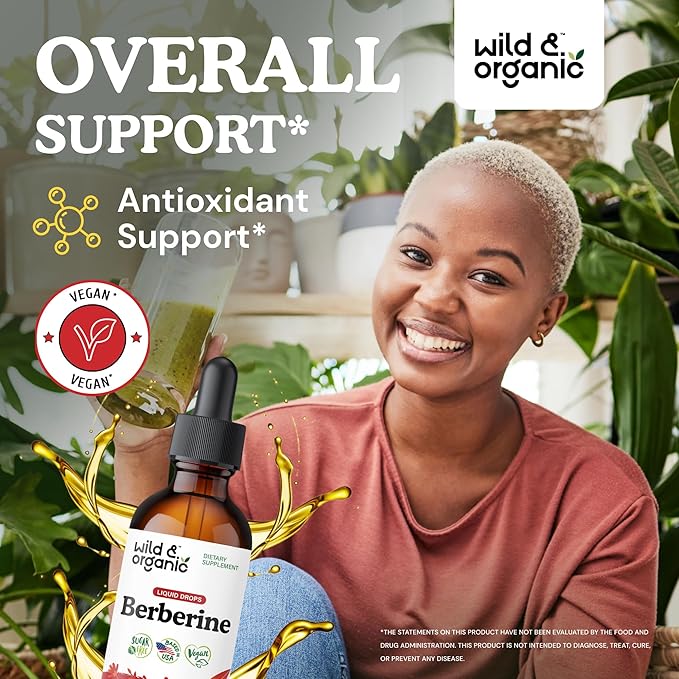 Wild &amp Organic Berberine Liquid Drops - 500mg Berberine Supplement HCL for Overall Support - Natural Extract Tincture - Vegan Alcohol &amp Sugar-Free - 2 fl oz