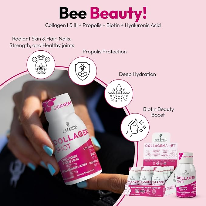 Bee and You Collagen Liquid Shot Drink with Vitamin C Propolis Extract Hyaluronic Acid Biotin Promotes Skin Hair Nail and Joint Health 1.69 fl. Oz x 12 Pack