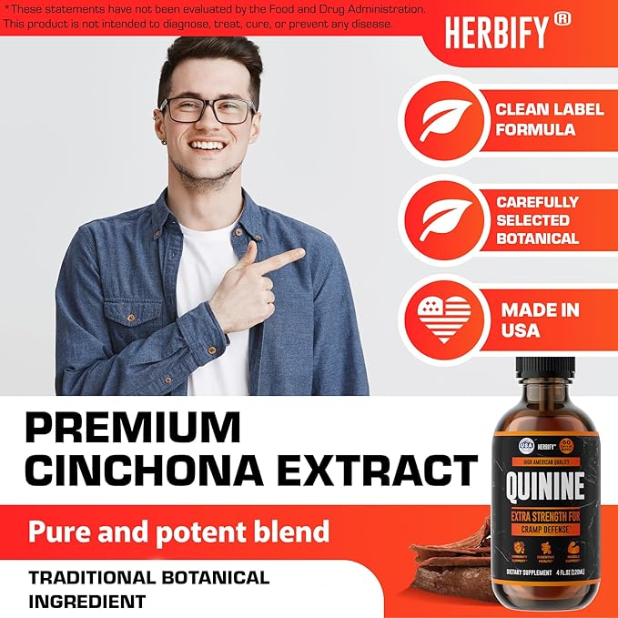 HERBIFY Quinine Tincture - Quinine Liquid Extract for Healthy Digestion - Quinine Cinchona Supplement for Better Absorption - US Made Product - for Men &amp Women 4oz (120ml)
