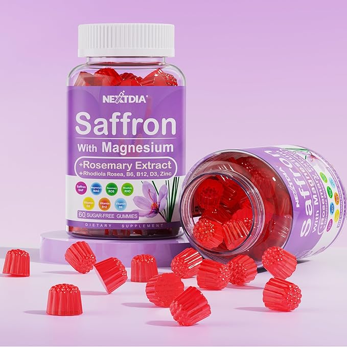 Saffron Supplements Gummies - 4 Months Supply - Saffron Extract 177mg 88.5mg w/Magnesium Glycinate 400mg 200mg Rhodiola Rosea Rosemary B6 B12 D3 for Calm Nerve Rest Focus Sugar-Free 2 Pack