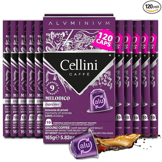 Cellini Caffè Melodico Aluminum Nespresso Pods 120 Count Dark Roast Coffee Capsules 100% Nespresso Original Machine Compatible Strong
