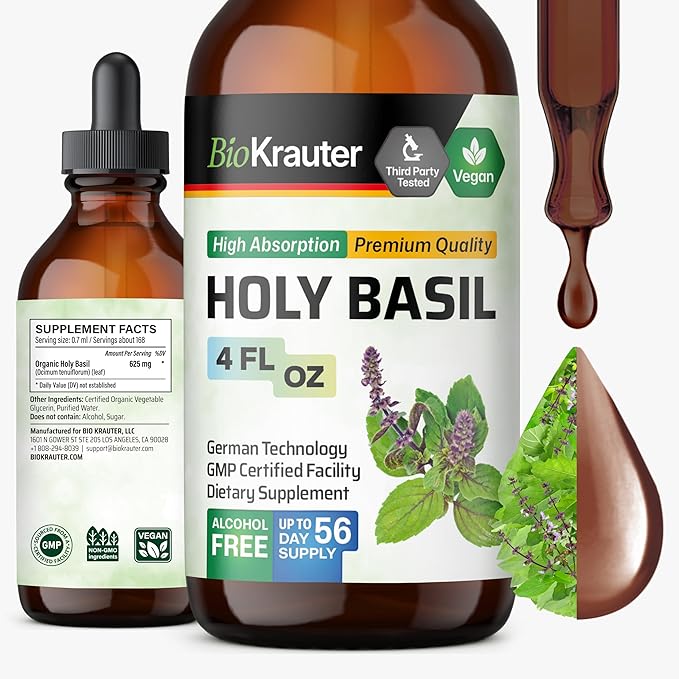 BIO KRAUTER® Holy Basil for Calm &amp Relaxation Support - Vegan Holy Basil Supplement 625 mg per Serving for Mood Support - 4 Fl.Oz. 56-Day Supply Alcohol &amp Sugar Free Herbal Adrenal Supplemen