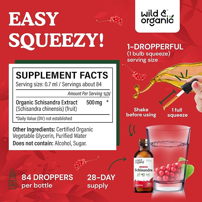 Wild &amp Organic Schisandra Berry Extract Drops 500 mg - Relaxing Schisandra Supplement - Liquid Chinensis Tincture - Vegan Sugar &amp Alcohol-Free - 2 fl oz