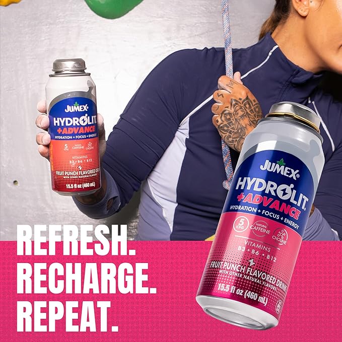 Jumex Hydrolit +Advance Hydration Energy Drinks - 90 Calorie Fruit Punch Sports Drinks - Non Carbonated Electrolyte &amp Vitamin Water with Ions Choline B3 B6 B12 &amp Natural Caffeine - 15.5oz