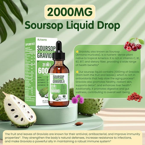 21-in-1 Soursop Graviola Liquid Drop Soursop Bitters Liquid 2000mg Organic Soursop Leaves &amp Fruit with 300mg Sea Moss Zinc Vitamins for Cellular Immune Skin Digestive Strawberry Flavor 60M