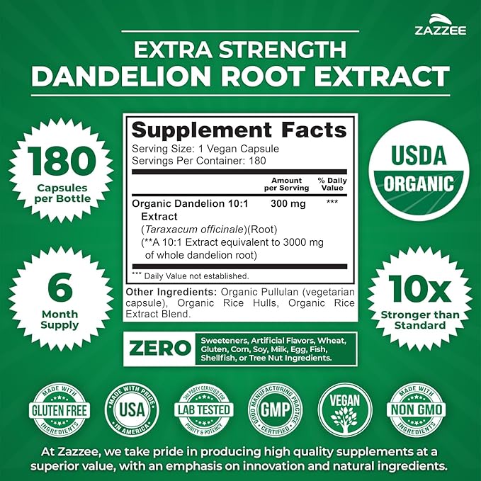 Zazzee USDA Organic Dandelion Root 10:1 Extract 180 Capsules 6 Month Supply Liver &amp Detox Support Taraxacum Officinale Organic Herbal Supplement All-Natural Non-GMO Made in the USA