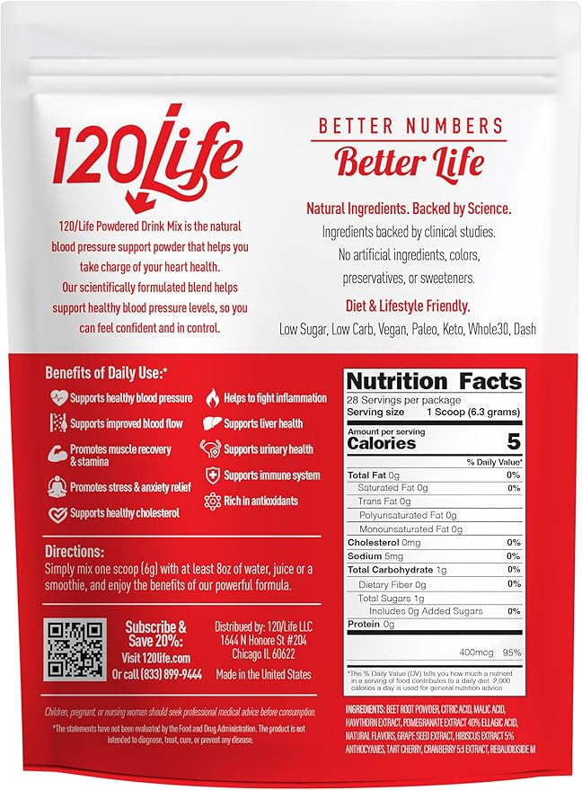 120LIFE Blood Pressure Support Natural Beet Root Powder Drink Mix with Pomegranate Powder Cranberry Supplement Tart Cherry Hibiscus and Magnesium (28 Servings) - Gluten-Free Vegan