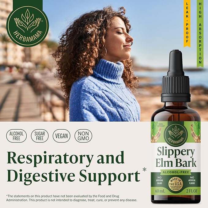 HERBAMAMA Slippery Elm Liquid Drops - Vegan Respiratory &amp Digestive Support with Slippery Elm Bark Extract - Non-GMO Alcohol &amp Sugar-Free Supplement Tincture 28-Day Supply