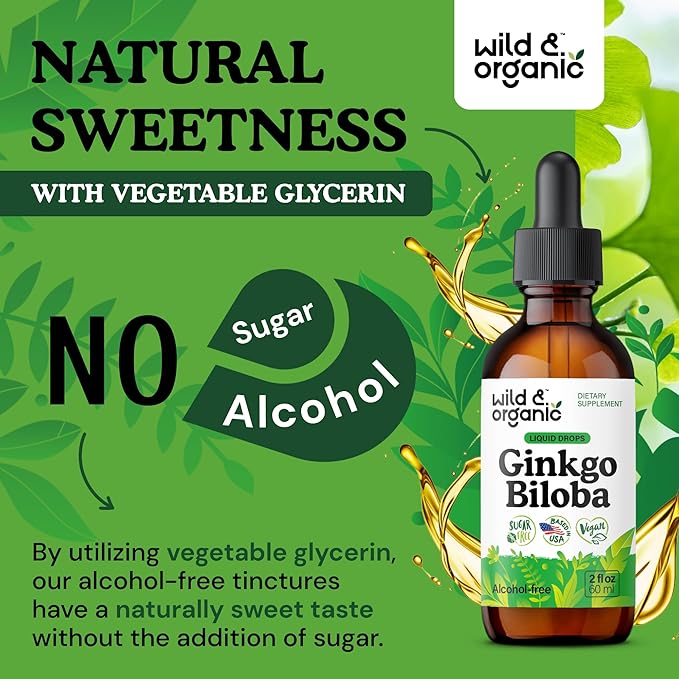 Wild &amp Organic Ginkgo Biloba Tincture - Brain &amp Focus Support with Ginkgo Leaf Supplement - Vegan Sugar &amp Alcohol-Free Herbal Extract Tincture - 2 fl oz