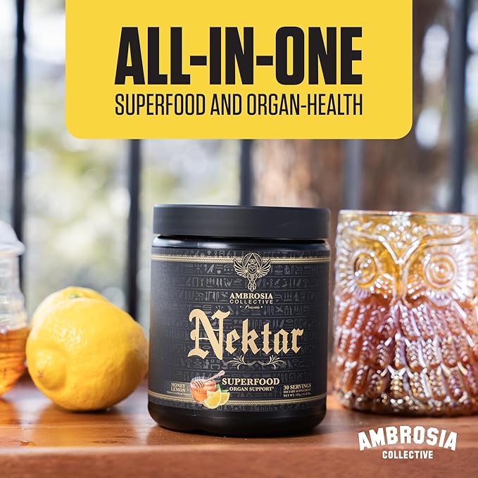 Ambrosia Nektar - Superfood Powder | Daily Organ Support Supplement | Greens Powder Alternative | 13 Superfoods for Energy Digestion Skin Health &amp Immune Support | 30 Servings | Honey Lemon