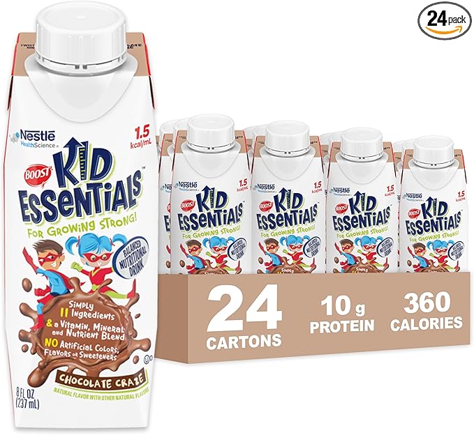 BOOST KID ESSENTIALS (1.5 kcal/mL) Chocolate Craze Nutritional Drink 10g Protein Vitamin C D  B12 and Zinc 8 Fl Oz (Pack of 24)