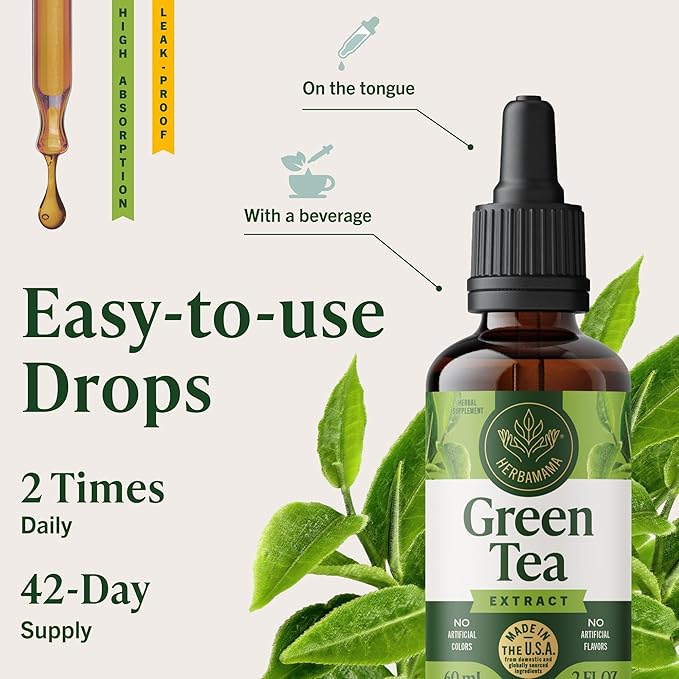 HERBAMAMA Green Tea Extract Drops - Vegan Antioxidant &amp Overall Support with Camellia Sinensis Extract Tincture - Non-GMO Alcohol &amp Sugar-Free Natural Green Tea Supplements 42-Day Supply