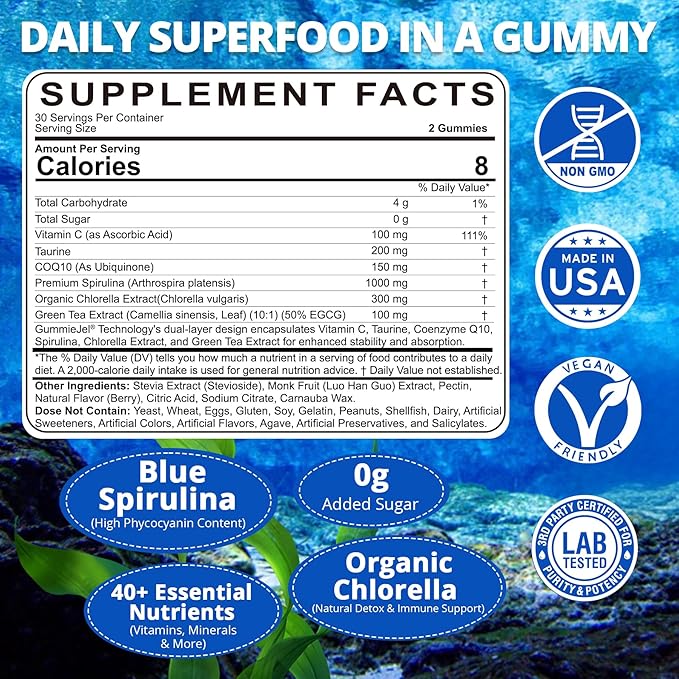 Organic Blue Spirulina Gummies High Phycocyanin from Nutrient-Rich Blue-Green Algae for Antioxidants Cellular Energy &amp Cleanse Superfood w/Chlorella CoQ10 &amp VCTaurineGreen Tea Sugar Fre