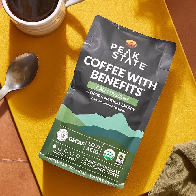Peak State Calm Descent Decaf – Organic Mushroom Coffee with Benefits Low Acid and Smooth Dark Chocolate Caramel and Sweet Grape Notes Whole Bean Gluten Free 12 oz