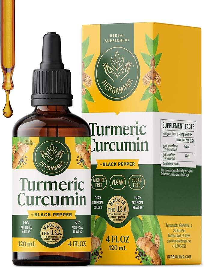 HERBAMAMA Turmeric Liquid Drops - Vegan Immune Digestive &amp Mobility Support with Turmeric Curcumin with Black Pepper Extract - Non-GMO Alcohol &amp Sugar-Free Antioxidant Supplement - 56-Day Su