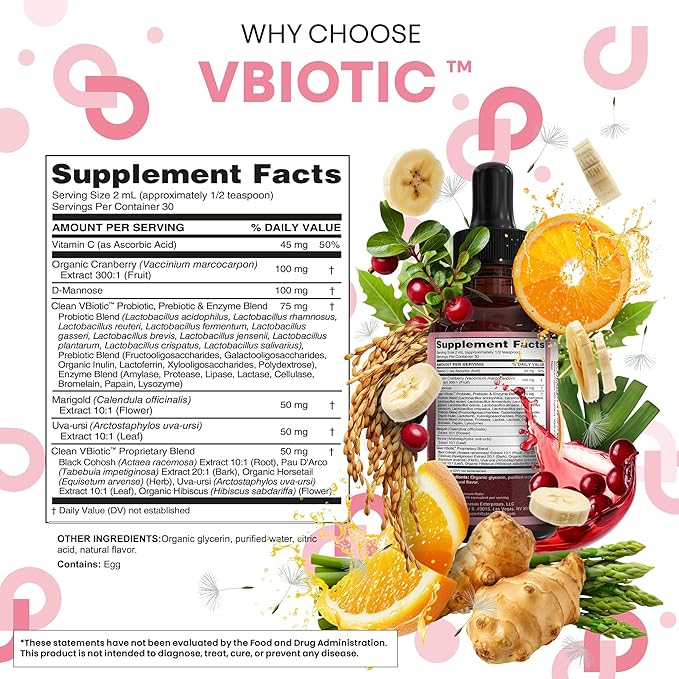 Clean Nutraceuticals VBiotic Vaginal Probiotic for Women Liquid Drops | Cranberry Uva Ursi Horsetail D-Mannose Prebiotics Marigold &amp Black Cohosh Vaginal Health Supplement | pH Balance
