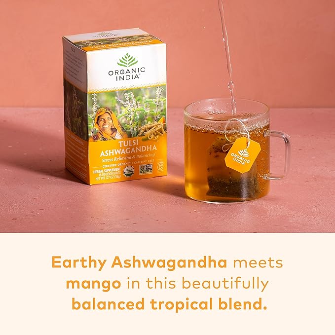ORGANIC INDIA Calming Tulsi Ashwagandha Tea - Organic Tea Bags Holy Basil Vegan USDA Certified Organic Non-GMO Caffeine Free - 18 Infusion Bags 6 Pack