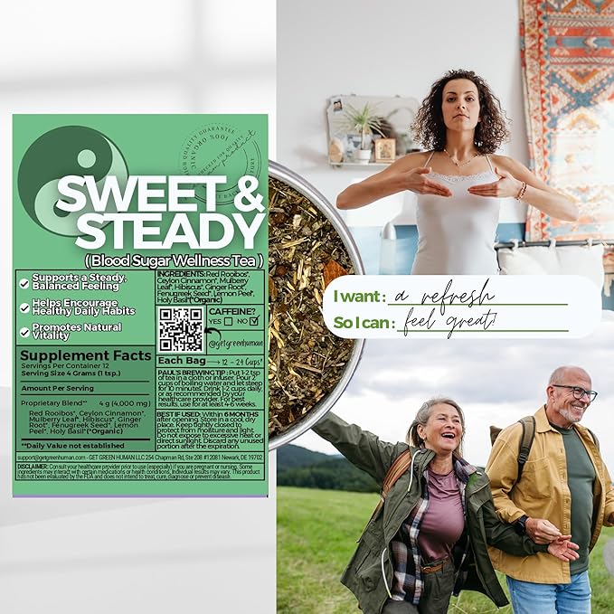 Sweet &amp Steady Organic Herbal Tea with Cinnamon Rooibos &amp Mulberry Leaf | Daily Balance &amp Vitality Loose Leaf Tea – 2 oz (57 g) | Caffeine-Free Vegan No Artificial Flavors | Get Green