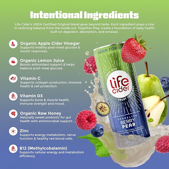 Life Cider Berry Pear Flavored Apple Cider Vinegar Soda 12 Pack Organic Sparkling AVC Drink Natural Flavors Promotes Gut Health Vitamins C B12 Zinc D3