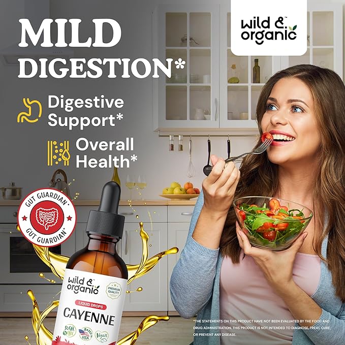 Wild &amp Organic Cayenne Pepper Tincture - Capsaicin Supplements for Digestive Support - Cayenne Pepper Extract Liquid - Vegan Alcohol-Free Drops - 2 fl oz