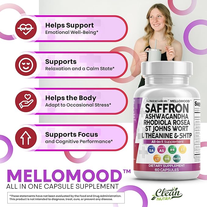 Clean Nutraceuticals Saffron Supplements Extract 100mg + Ashwagandha L-Theanine 200mg - Mood Support Ginkgo Biloba St. John's Wort Rhodiola Rosea &amp 5-HTP Capsules Pills Men Women (Pack of 2)