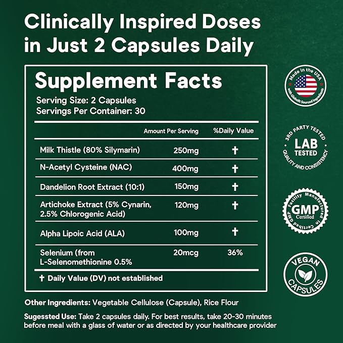Full Spectrum Liver Cleanse Detox &amp Repair &amp Long-term Protection – clinically dosed 250mg Milk Thistle NAC ALA Dandelion Liver Support Supplement for Liver Health Made in USA 60 Capsule