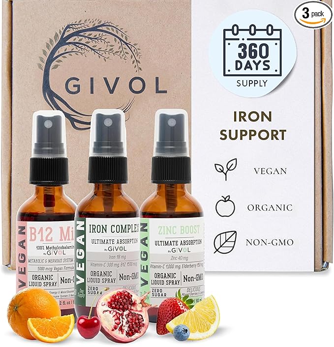 Iron Support Spray Bundle Liquid Vitamin B12 Methylcobalamin Zinc Picolinate and Bisglycinate | Non-GMO Gluten-Free Sugar-Free Iron Supplement | 2 Fl Oz Each | 360 Days Supply