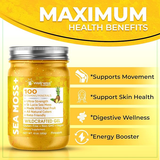 WELLNESS LABSRX Irish Sea Moss Gel Raw - Wildcrafted Superfood Seamoss Gel - Pineapple Flavor Vitamin and Mineral-Rich from Pristine Caribbean Waters Immune and Digestive Health Support - 10 oz.