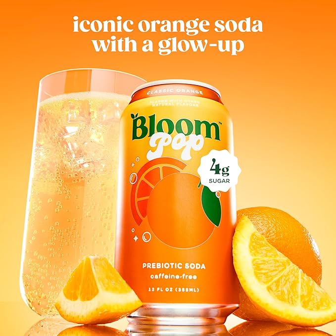 Bloom Pop Prebiotic Soda 12 Pack Classic Orange Flavor 12oz Cans | Prebiotic Soda for Gut Health Low Calorie Soda No Caffeine Healthy Soft Drink Alternative