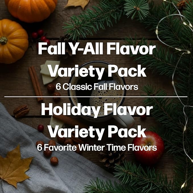 Maud’s Holiday &amp Fall Flavored Coffee Pods Variety Pack Bundle 48ct 11 Assorted Seasonal Flavors Medium Roast Coffee in Single Serve Pods 100% Arabica Coffee Compatible with Keurig K Cups Make