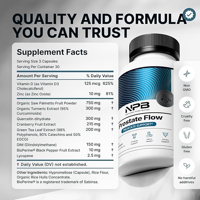 Nature’s Pure Blend Prostate Flow – Prostate Health Supplements for Men with Saw Palmetto Herbal Complex and Essential Nutrients – Support for Flow Balance Hair Strength and Wellness – 90 Capsules