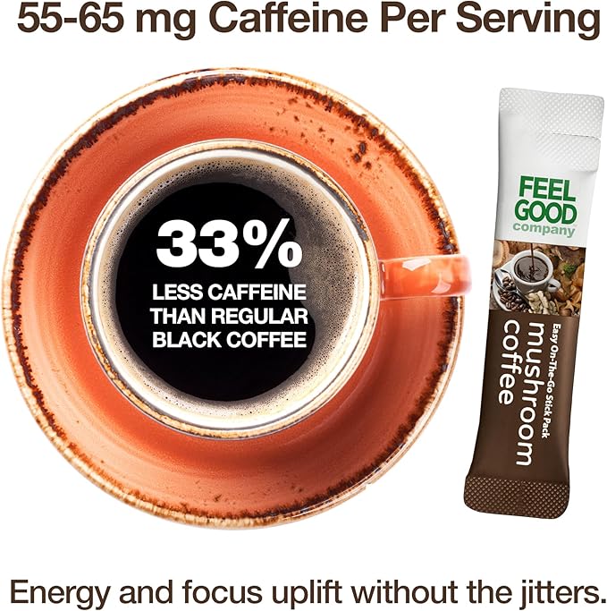 Feelgood Company Mushroom Coffee with 10 Organic Mushrooms and Arabica Coffee 30 Stick Packs Zero Added Sugar Supports Immune Health and Brain Function
