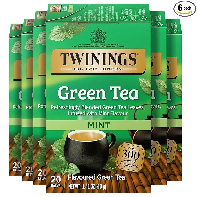 Twinings Green Tea with Mint Individually Wrapped Bags 20 Count (Pack of 6) Invigorating Aroma Caffeinated Enjoy Hot or Iced 120 Teabags